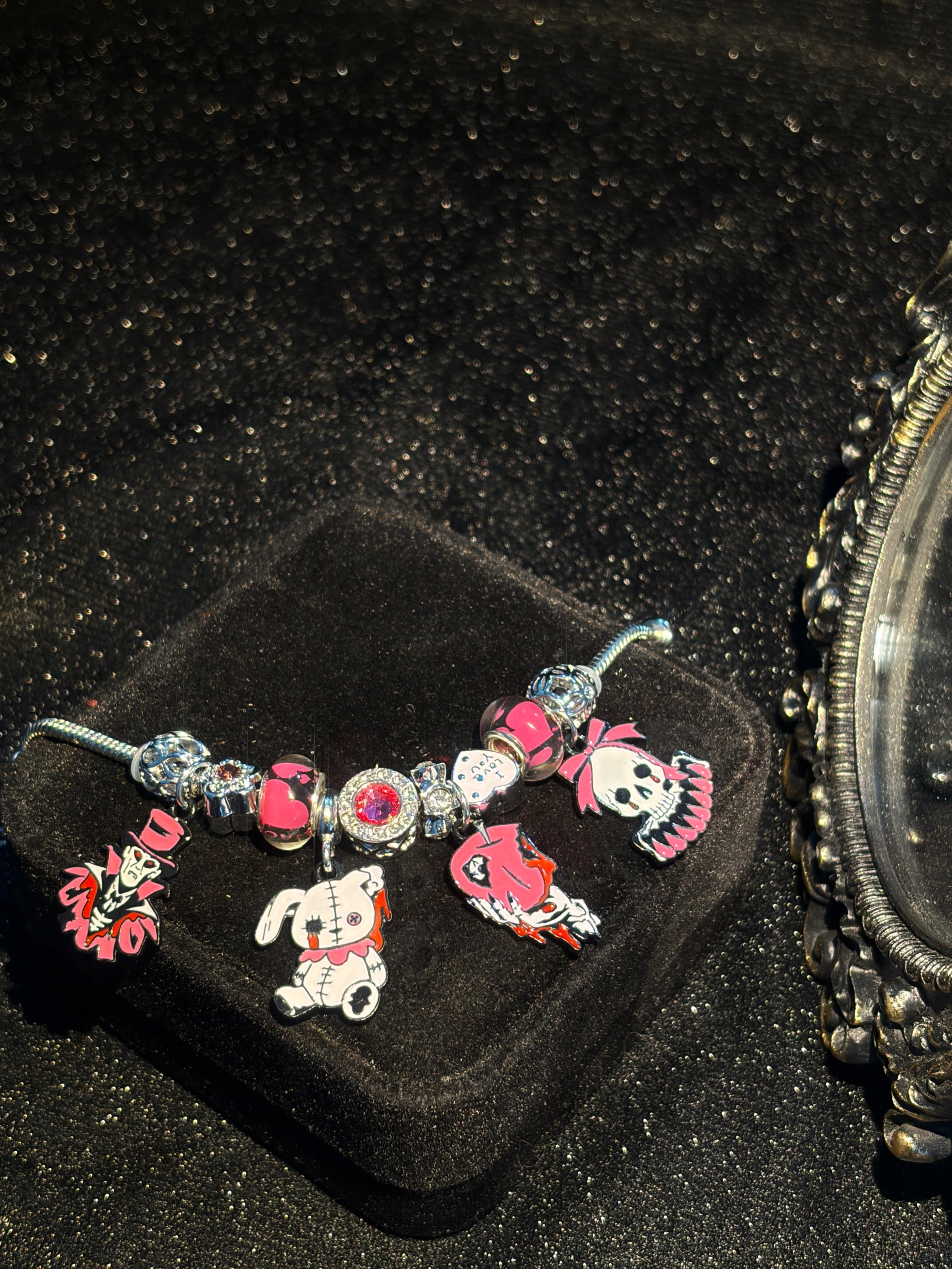 Silver Tone Festival Charm Bracelet - Gothic Cute Dangle Pendants, Stitched Rabbit & Skull Charms, Pink-Black Murano Glass Beads, Shiny Rhinestone Spacer Beads, Adjustable Snake Chain, Y2K Trendy Jewelry for Halloween Party Cosplay