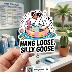 Hang Loose Silly Goose Retractable Badge Reel, Funny Summer Pool Vacation Acrylic ID Holder, Cute Nurse Teacher Work Accessory Gift