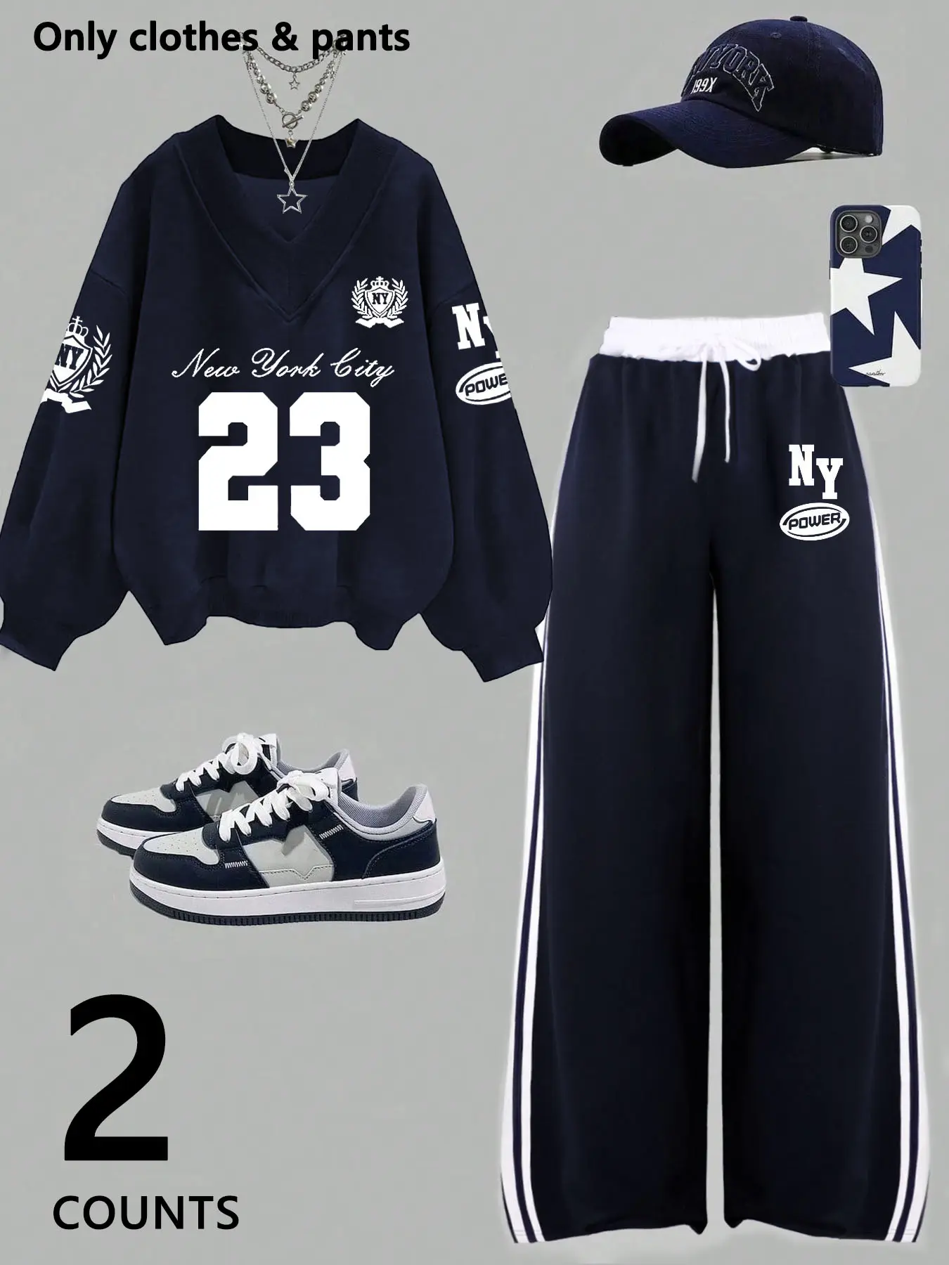 Women's 2-piece Fall Winter Set, Statement, V-neck Number & Letter Graphic Print Long Sleeve Hoodie Sweatshirt with Drop Shoulder & Loose Side-stripe Pants, Casual Outfit for Travel, Vacation, Street