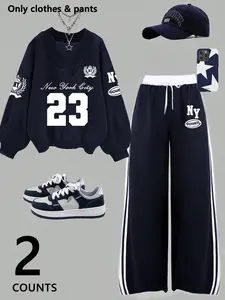 Women's 2-piece Fall Winter Set, V-neck Number & Letter Graphic Print Hoodie Sweatshirt with Drop Shoulder & Loose Side-stripe Pants, Must-have Trendy Casual Outfit for Travel, Vacation, Street & Campus