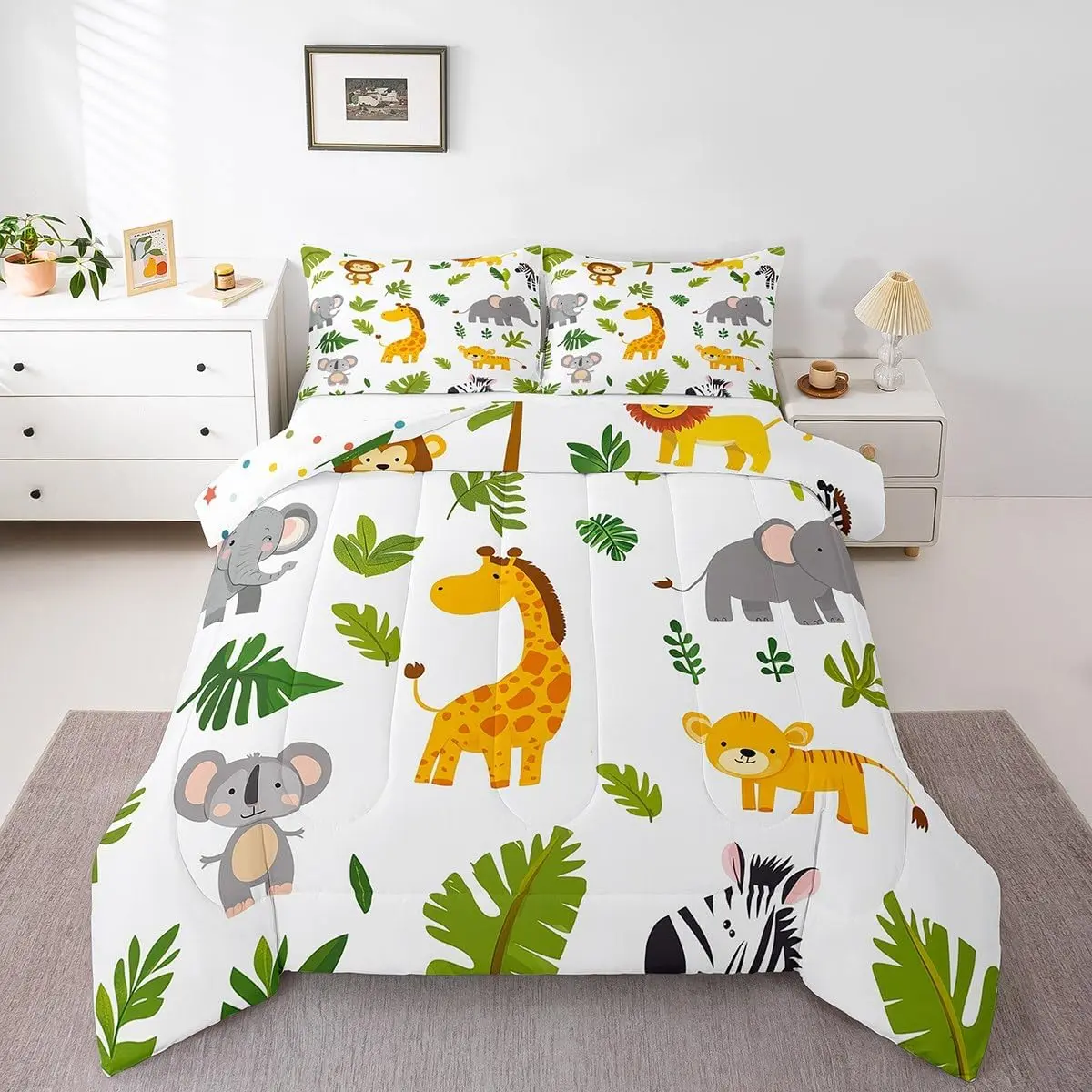 Kids Cartoon Animal Comforter Set,Jungle Animals Bedding Sets for Girls Boys,Lion Giraffe Elephant Quilt,Wildlife Safari Bedroom Decor Duvet Set, Microfiber Bedding, Quilt Cover Set