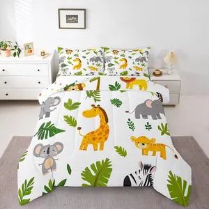 Kids Cartoon Animal Comforter Set,Jungle Animals Bedding Sets for Girls Boys,Lion Giraffe Elephant Quilt,Wildlife Safari Bedroom Decor Duvet Set