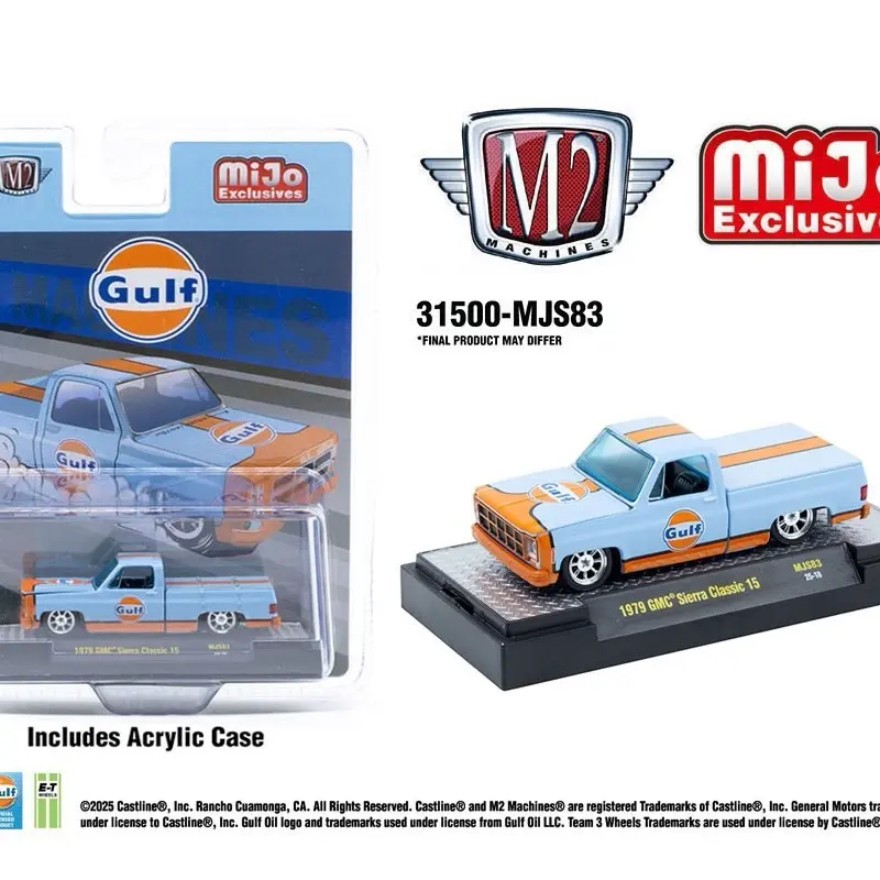 M2 Machines 1979 Gulf Exclusive 31500-MJS83 GMC Sierra Classic 1500 Collectible Model Car - Accurate Die-Cast Toy with Original Livery, Acrylic Case, Scale Model Car Display Collectible, Diecast Metal