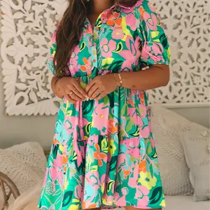 Women's Green Floral Puff Sleeve Collar Buttoned Babydoll Dress