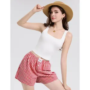 LOMON Womens Boxer Shorts Casual Summer Cotton Pajama Lounge Sleep Pj Gingham Plaid Shorts Y2K Beach Bottoms Loungewear Pants