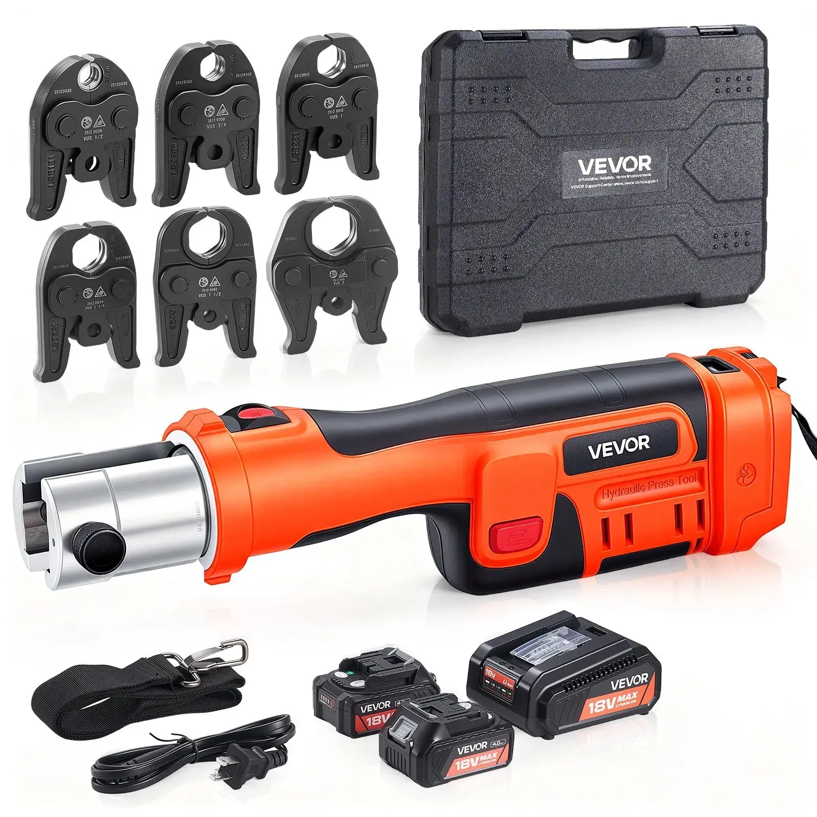 【summerfinds】VEVOR Press Tool, 18V Electric Crimping Tool for 1/2", 3/4", 1", 1-1/4", 1-1/2", 2" Copper Pipes, 32KN Press Tool Compatible with ProPress - with 6 VUS Jaws, 2PCS 4AH Batteries, Charger & Toolbox