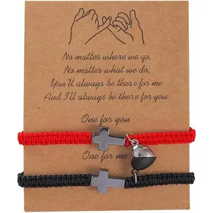Couple's promise bracelets,Two Inspirational Christian Cross Bracelets,Magnetic Heart Jesus bracelet,Friendship bracelet-Red Black Rope Braided Adjustable Design With Jesus Blessing Card,Christian Baptism&Valentine's Day boyfriend girlfriend Gift
