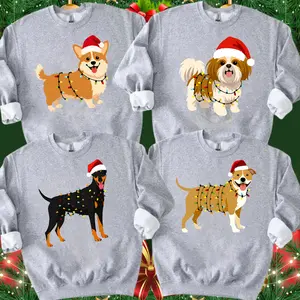 Santa Paws Christmas Light Dog Ver2 Sweatshirt - Ash Grey Color, 50 Dog Breeds in Festive Santa Hat, Dog Lover Holiday Crewneck Sweater, Holiday Dog Lover Gift For Women and Men