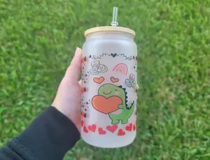 Valentine's Day Beer Can Glass | Dinosaur Beer Can, Kawaii Heart Cup With Lid Coffee Drinkware