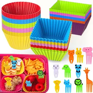 60 Pcs Silicone Lunch Box Dividers with Animal Food Picks Reusable Bento Box Accessories for Kids School Lunch Essentials Cupcake Liners