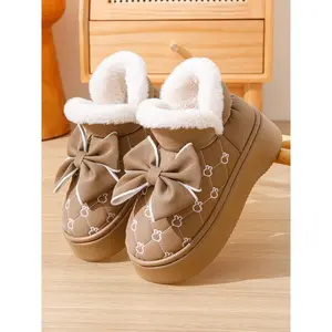 Women's Cute Bow Decor Plush Lined Snow Boots, Casual Comfortable Thick Sole Ankle Winter Boots, Warm Boots for Indoor & Outdoor Wear for Fall & Winter