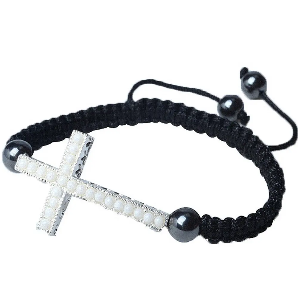 My Daily Styles Unisex Adjustable Beaded Cross Charm Macrame Bracelet - Tiny White & Black Accents, Casual/Formal Occasion Fashion Jewelry Accessory