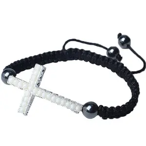 My Daily Styles Unisex Adjustable Beaded Cross Charm Macrame Bracelet - Tiny White & Black Accents, Casual/Formal Occasion Accessory