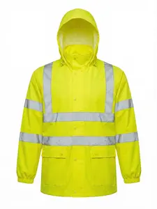 High Visibility Reflective Hooded Raincoat Jacket, Waterproof Windproof Fabric, Drawstring Hood Foldable Design, Suitable for Transportation