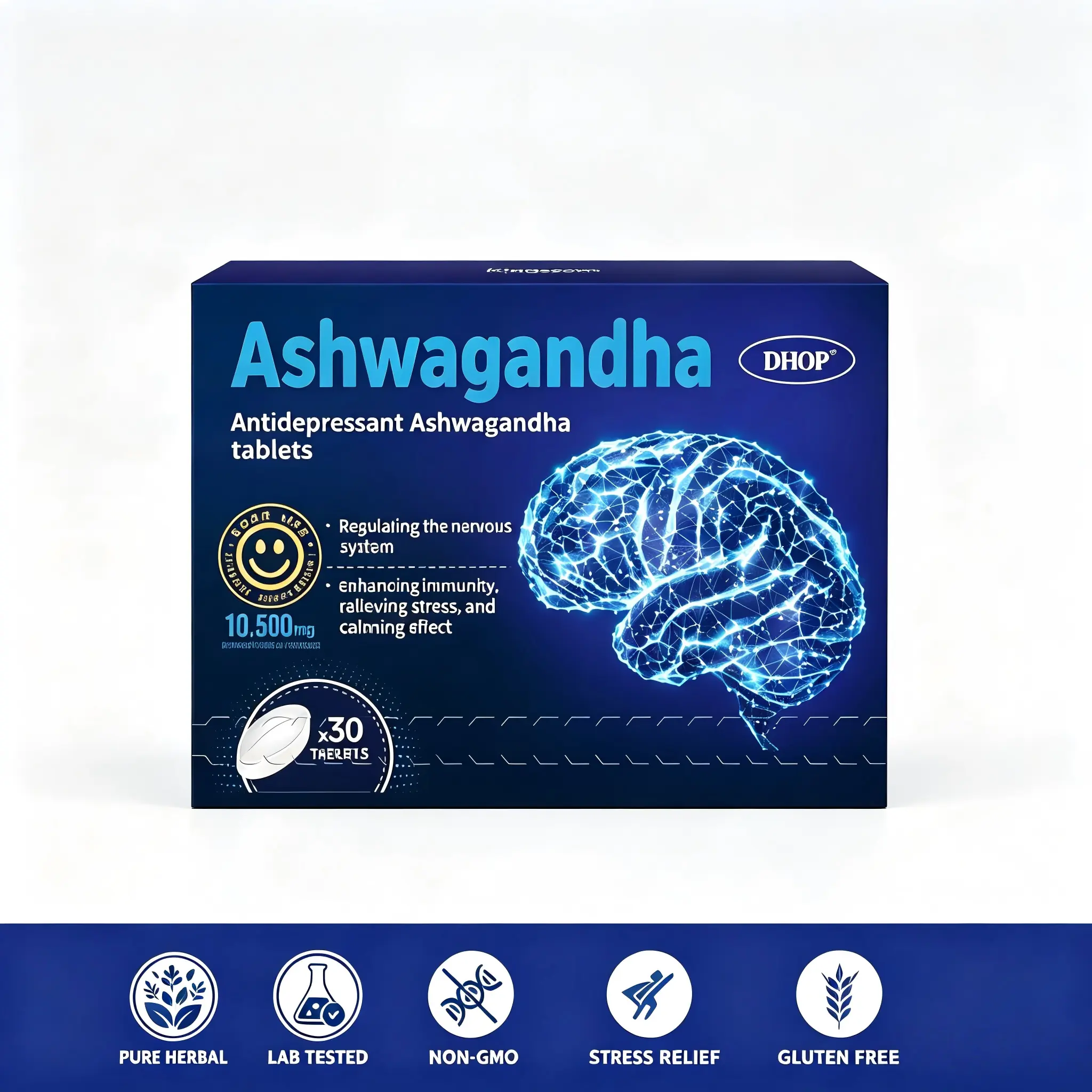 DHOP Ashwagandha Tablets 10500mg High Potency Adaptogen Herbal Supplement Relieve Stress Support Calm Mood and Healthy Nervous System 30 Tablets for Adult Daily Wellness