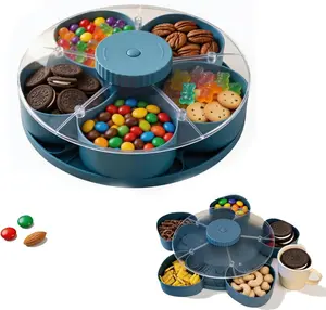 Snack Spinner with Lid, Rotating 5 Compartment Snack Tray for Fruit, Nuts, Candy and Appetizers, Divided Serving Container for Party, Family Night and Kitchen Counter (Blue)