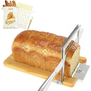 Bread Slicer with Knife & Reusable Beeswax Bags, Foldable Wood & Slicing Guide for Homemade Sourdough Loaves up to 6.3", Easy-Detachable Fresh-Keeping Bags, 2-Pack Bundl