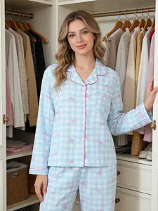 Sweet Style -Inspired Women's Sleepwear Pajama Set, Loose Fit Long Sleeves & Elastic Waist Pants, Breathable Bubble Fabric All-Season Home Wear