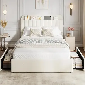 Bed Frame with Storage Headboard, Girls Bed Frame with 2 Drawers, Boucle Upholstered Platform Bed with Bookcase, No Box Spring Needed, Easy Assembly