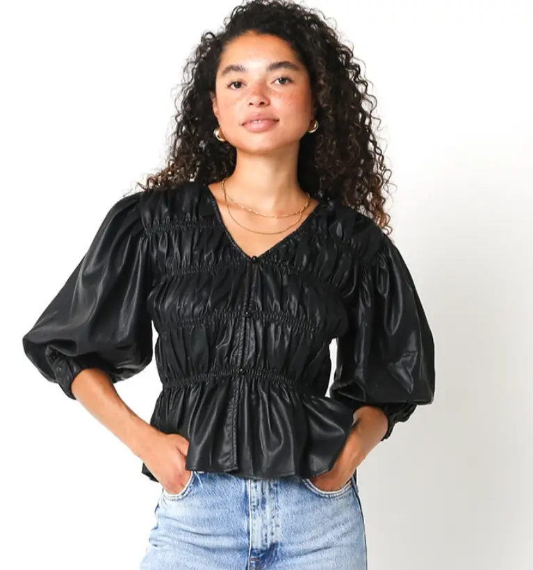 CAMILLE TOP | Black Leather Blouse with Long Sleeves, Ruched Design, Comfortable Fit for Women