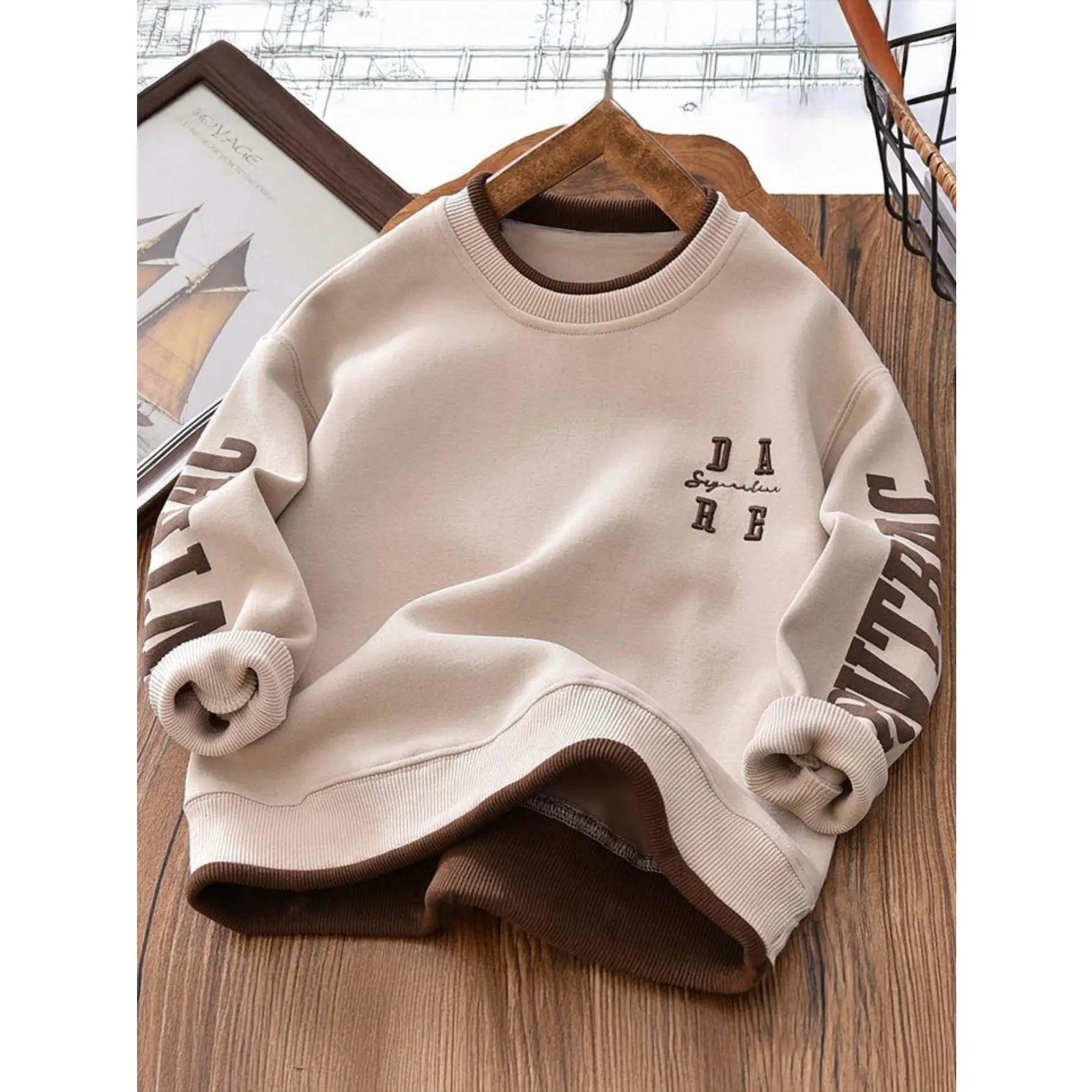 Boys' Spring & Autumn Hoodie Khaki Embroidered Alphabets Loose Round Neck Pullover Casual Regular Fit 60% Cotton 40% Polyester
