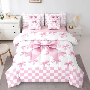 Pink Silk Bowknot 7 Piece Bedding Set Pink Checkered Comforter Set with Sheets for Kids Boys Girls Cute Bow Bed in a Bag Sweet Romantic Bed Set Soft Lightweight