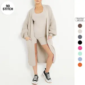 90Stitch Women's Minimalist Balloon Sleeve Drop Shoulder Open Front Cardigan, Cozy Soft Knit Sweater with Side Pockets, Trendy Casual Outerwear for Fall & Winter, Relaxed Fit Comfortable Knitwear