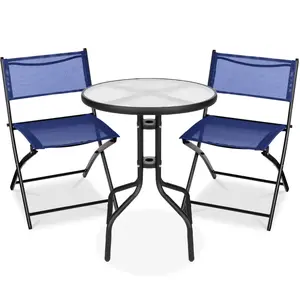 Best Choice Products 3-Piece Patio Bistro Dining Furniture Set w/ Round Textured Glass Tabletop, Folding Chairs