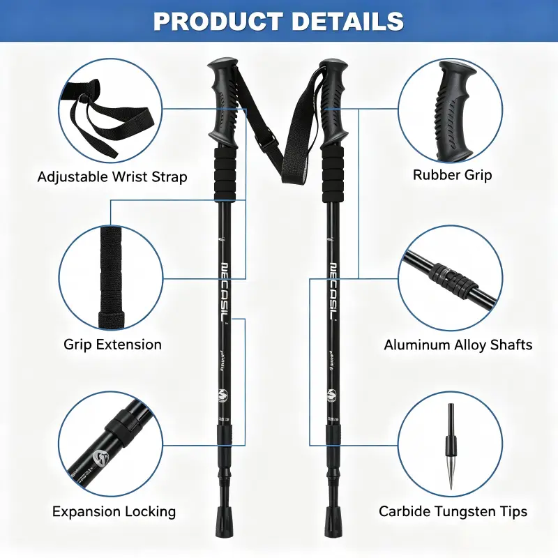 Telescopic & Collapsible Trekking Poles with Heavy-Duty Tungsten Carbide Tips, Essential Camping Equipment for Outdoor Adventures and Mountain Climbing, Hiking Stick Pole, Unisex, Adjustable, Aluminum Alloy, Backpacking, Lightweight, All Hand Sizes