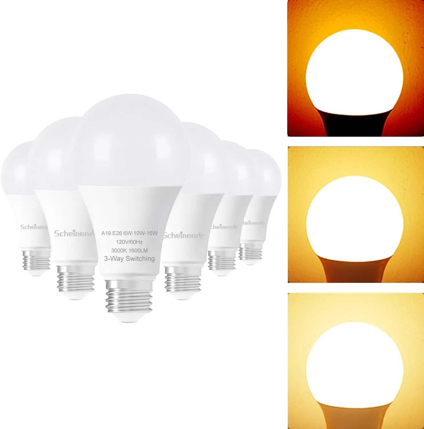3-Way Led Light Bulbs 30 70 100 Watt Equivalent Warm White 3000K, Perfect for Reading Standard A19 Indoor E2 6 Bulb, Energy Efficient 6-10-15 Watt, 500-1200-1600 Lumen, 6 Pack |   Flicker-free lighting with 3 adjustable brightness levels, designed with an