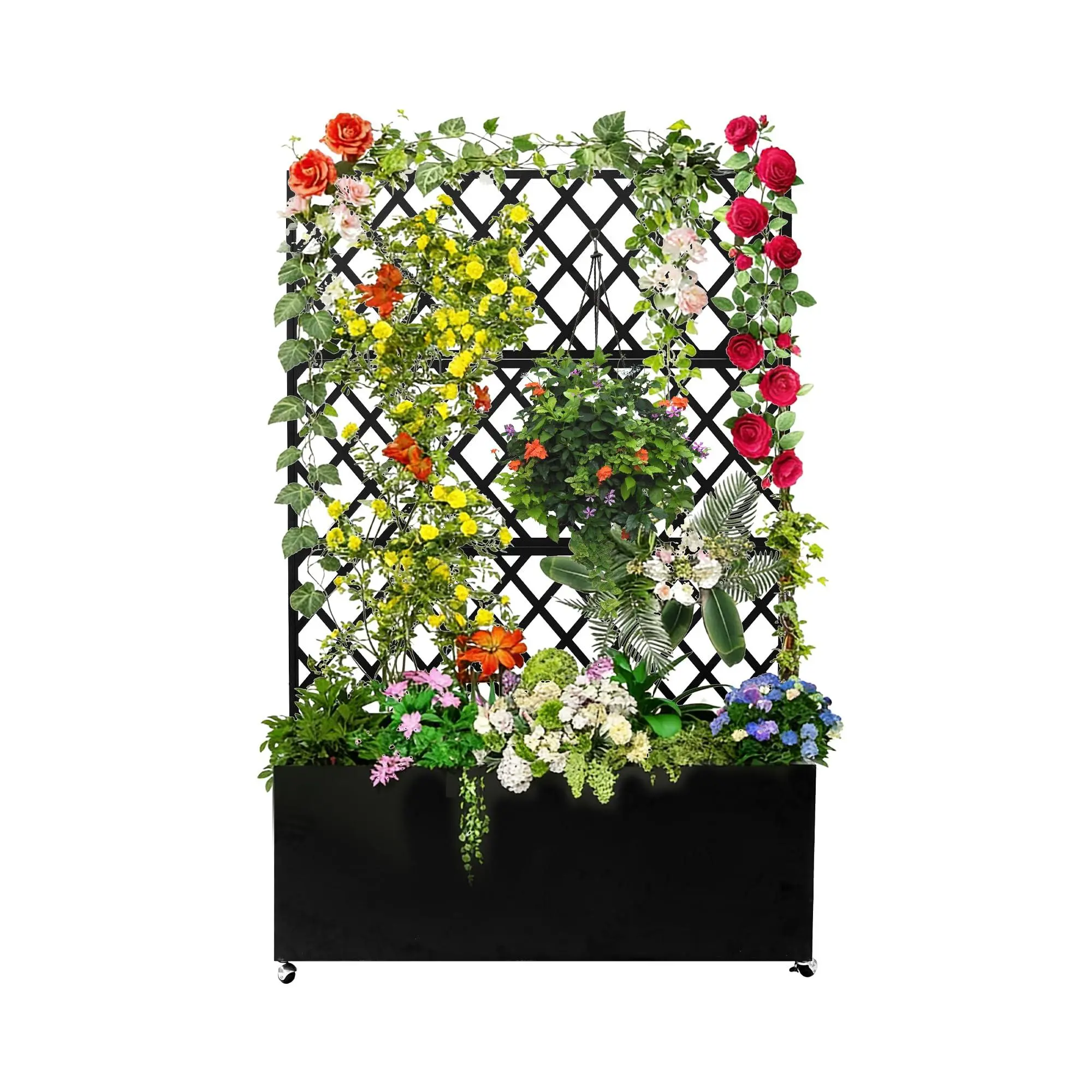 Galvanized Steel Raised Garden Bed with Trellis, Privacy Screen & Wheels - Garden Accessories Planter Box for Patio, 35x16x71 in