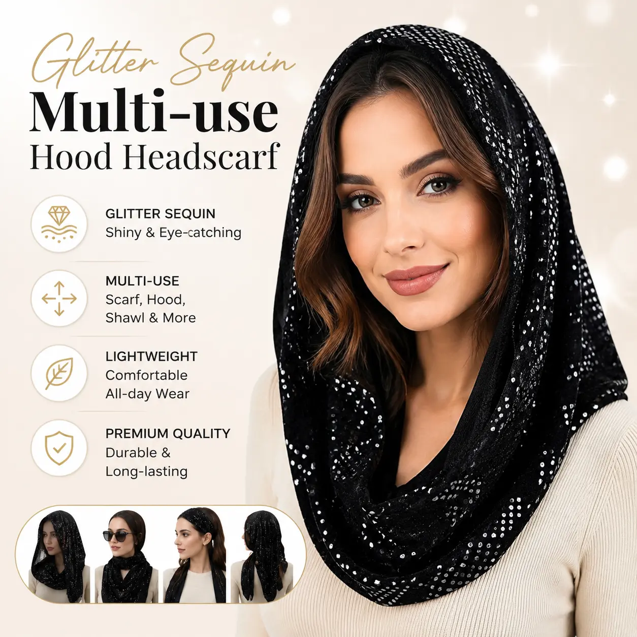 Black Sparkly Sequin Hooded Head Wrap Soft Stretchy Lightweight Headscarf Women Daily Streetwear Club Concert Costume Hair Accessory