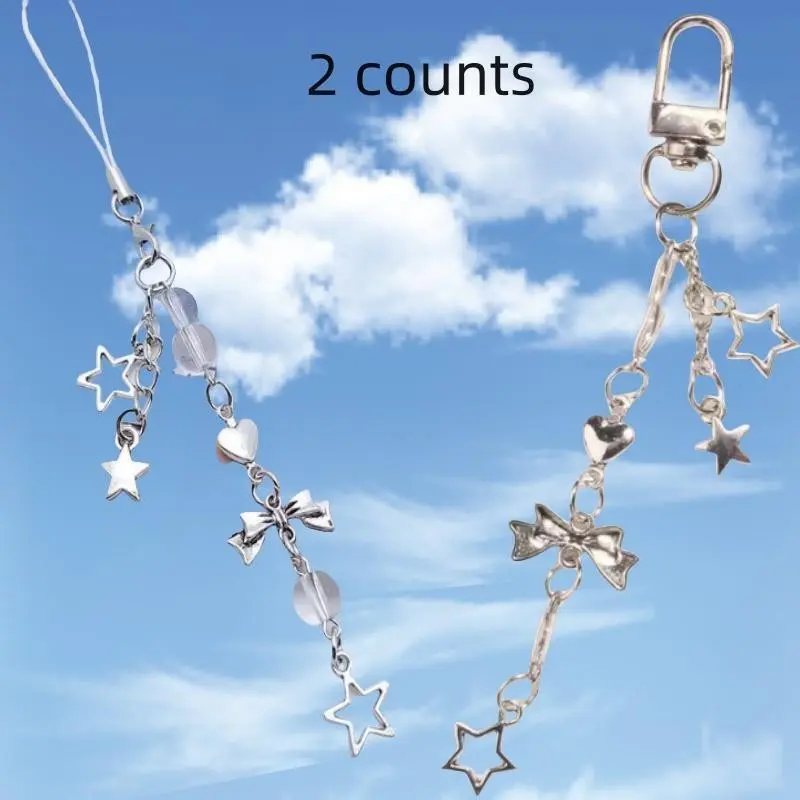 Sweet Girl Heart Silver Star Bow Phone Chain, Cell Phone Charm, Simple Multifunctional Pendant, 2 Pieces, Stylish Accessory for Daily Use