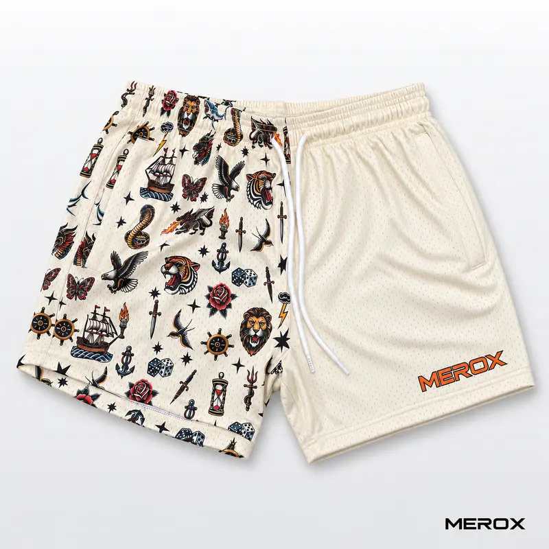 MEROX Traditional Tattoo 5-Inch Mesh Unisex Sporty Chic Gymwear Shorts, Relaxed Fit Activewear Bottoms with Zip Pocket for Casual Wear, Gym