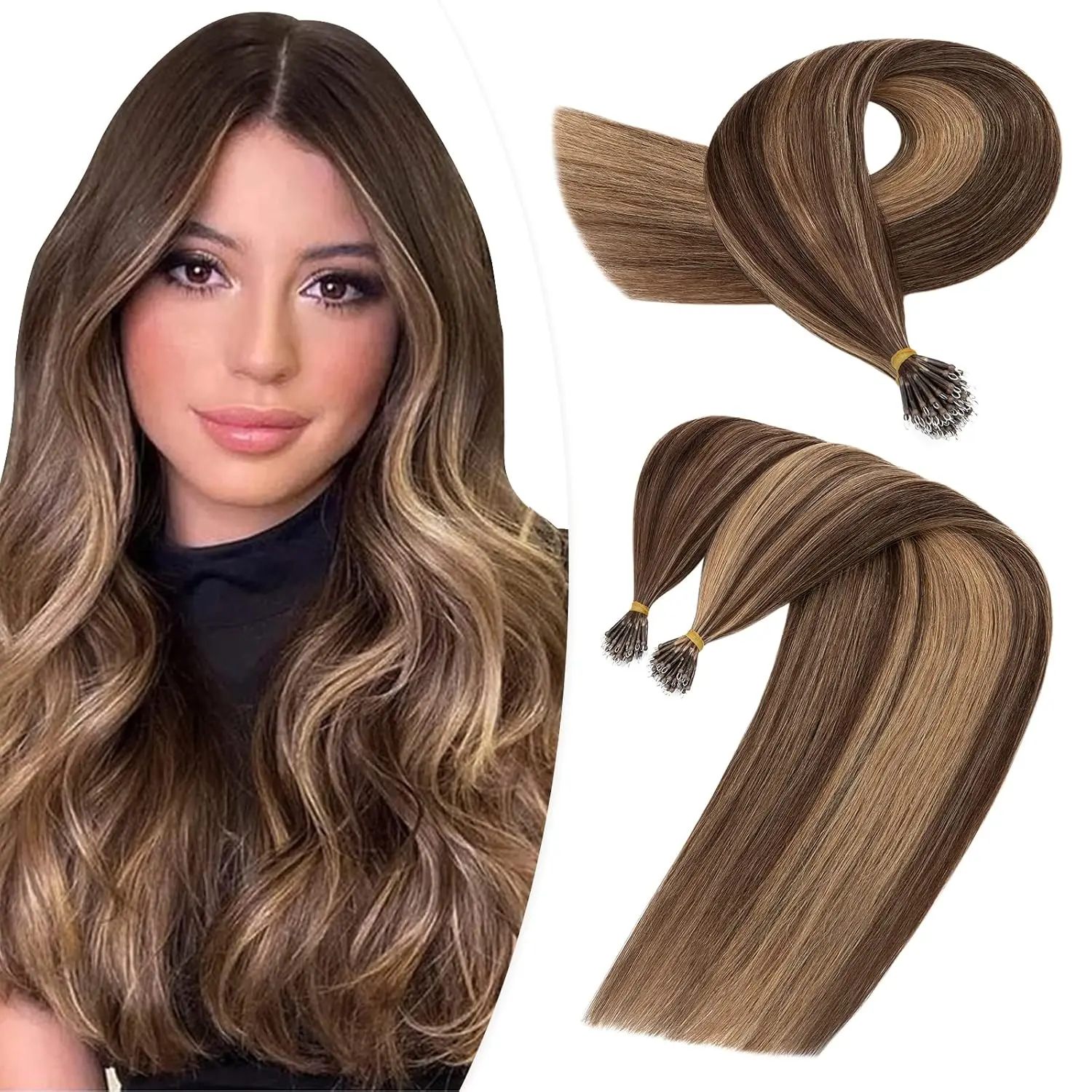 Encharm Nano Tip Hair Extensions Human Hair, Nano Beads Balayage Seamless Highlight Pre-bonded Extensions for Women, 1g/strand, 50 strands 50g/pack -18 Inch#4/27