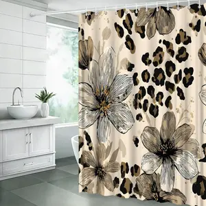72" x 72" Floral Leopard Shower Curtain, Sketch Floral and Cheetah Print Vintage Tan Black Bathroom Curtain with Hooks, Bathroom Supplies