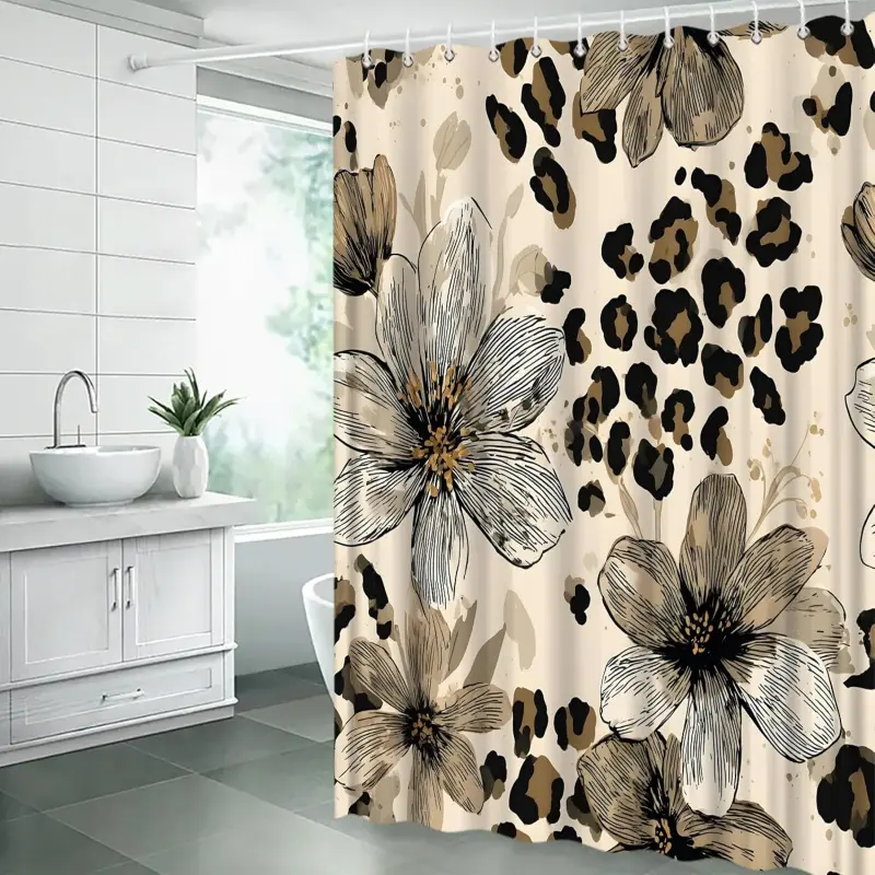 72" x 72" Floral Leopard Shower Curtain, Sketch Floral and Cheetah Print Vintage Tan Black Bathroom Curtain with Hooks, Bathroom Supplies, Aesthetic Decorative Shower Curtain, Bathroom Shower Curtains