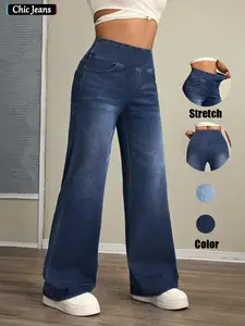 Women's High-Waisted Stretch Elastic Denim Long Pants, Straight Leg Design for All Body Types, Essential Casual Wear for Daily