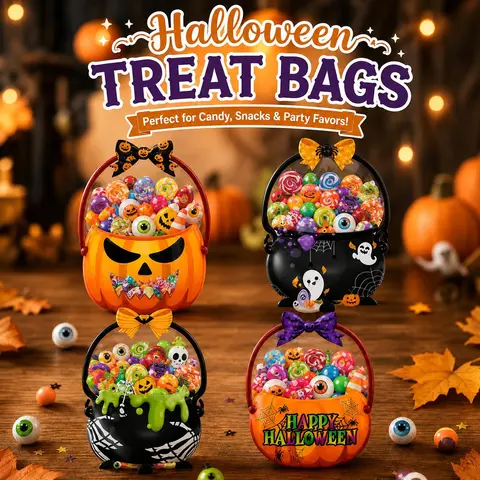 Spooky Halloween Plastic Gift Bags (12/24/48 Pack) - Printed with Cauldron, Skull, Skeleton, Black Cat, Pumpkin Designs - Party Bag Stuffers for Classroom Events, Student Gifts