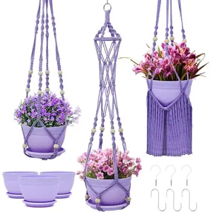 3 Pack Crochet Macrame  Hanger  Planters for Indoor  with Trays and Hooks   Holder Pot with Drainage Hole Boho  Hanger for Outdoor Flower Gardening  Decor
