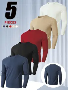 Men's 5-piece Set of Long-sleeved Shirts Round-neck Thermal Underwear Tops Casual Wear Beige Crewneck Socks Menswear Motocross