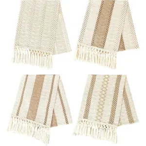 4 Pieces Boho Table Runner with Tassels Rustic Cream Beige and Khaki Burlap Table Runner for Bohemian Dining Table Living Room Bedroom Farmhouse Home Decor(12x108inch, Khaki)