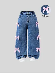Cute Bow Wide Leg Jeans for Girls, Comfortable Casual Fashion Denim Jeans, Perfect for Daily Wear and Outings, Loose Jeans Trousers