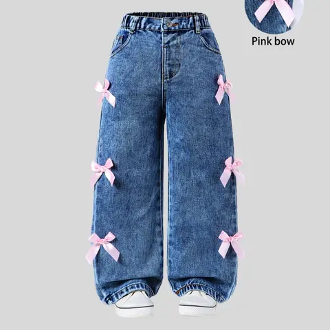Cute Bow Wide Leg Jeans for Girls, Comfortable Casual Denim Jeans, Perfect for Daily Wear and Outings, Loose Pants