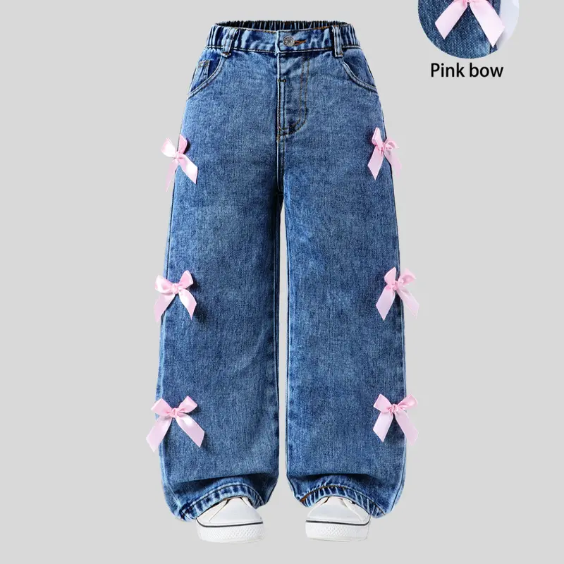 Cute Bow Wide Leg Jeans for Girls, Comfortable Casual Denim Jeans, Perfect for Daily Wear and Outings, Loose Pants