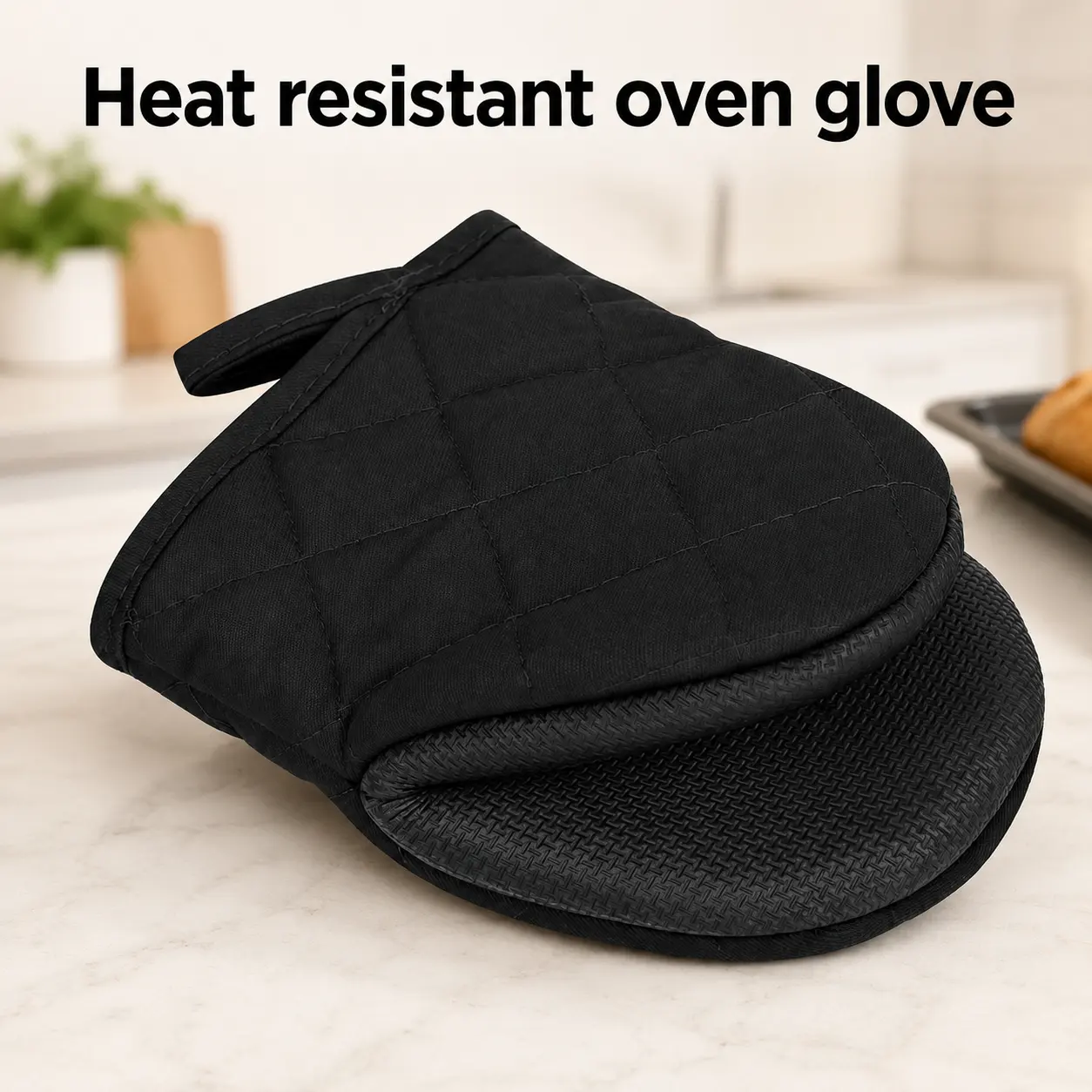 Black Short Oven Mitt with Silicone Grip, Heat Resistant Kitchen Glove Up to 500°F, Non-Slip Pot Holder with Hanging Loop for Baking, BBQ, Grilling and Air Fryer Use