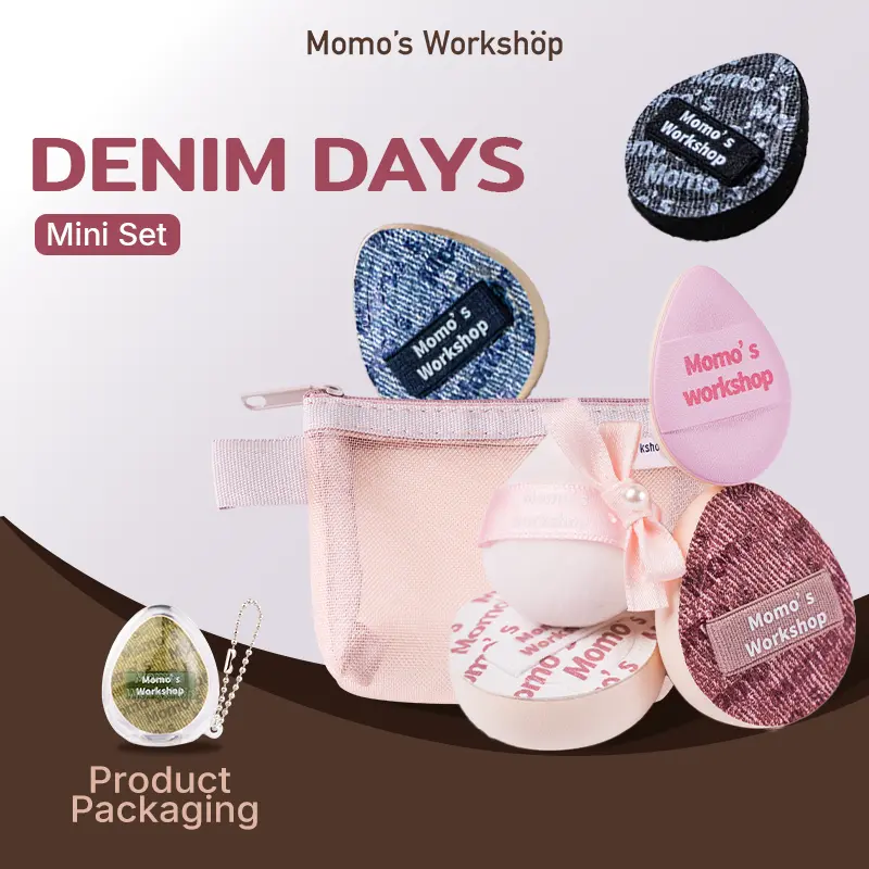 Momo's Workshop Denim Days Mini Sponge Puffs Set - Quick Apply for Foundation, Concealer, Blush & Detail Finishing, Multi-Color Options, Travel-Friendly, Storage Case Included, Single Item, 10Ml, Mini Set Rosy Parade, Powder Puffs