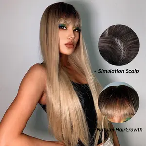INSTYLE 28 Inch Brown Ombre Blonde Long Straight Wig Synthetic Hair Wigs with Bangs Women's Costume Wig Heat Resistant Hair for Daily Party Use