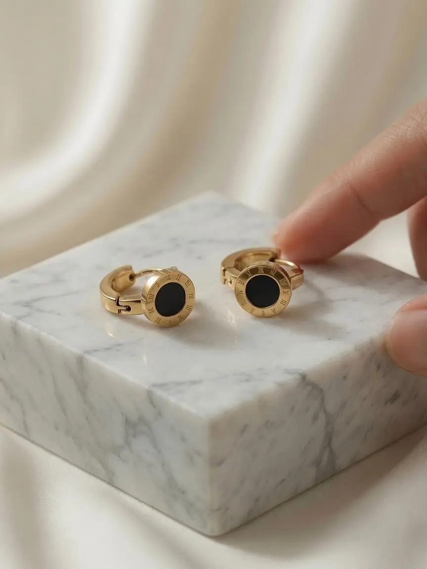 Roman Numeral & Black Enamel Huggie Earrings