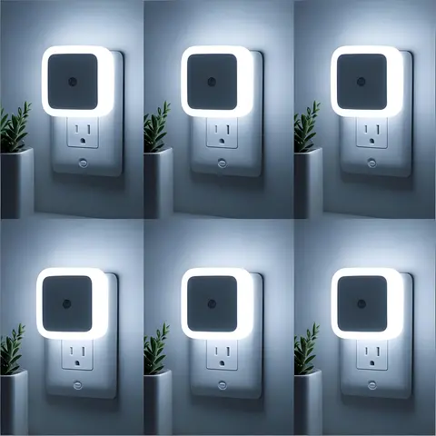 6-Pack Compact Wall Plug-in LED Night Lights with Dusk-to-Dawn Sensor, 0.5W AC Power Supply 85V-220V Energy-Saving Ambient Indoor Lighting Fixture, Easy Setup Long-Lasting for Bedroom Home Improvement